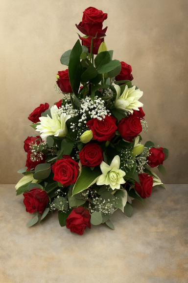 Ein hübscher Blumenstrauß aus roten Rosen und weißen Lilien, dekoriert mit grünem Laub.